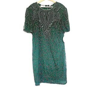 Vintage‎ Silk Green Beaded Shift Dress short sleeve Size 16 Silky Nites New